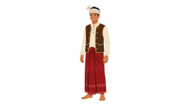 Man in traditional Burmese longyi and vest attire.