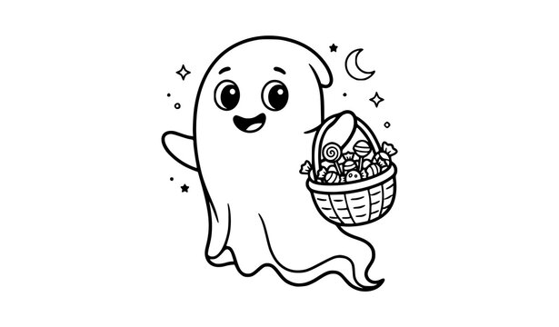 Cute Halloween Ghost with Candy Basket &ndash; Trick or Treat Coloring Book Vector