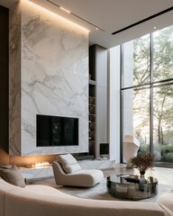 Fototapeta premium Luxury modern living room with marble feature wall, fireplace and floor to ceiling windows