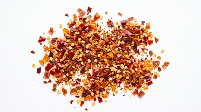 Dried crushed red chili pepper flakes with spicy seeds scattered neatly isolated on white background
