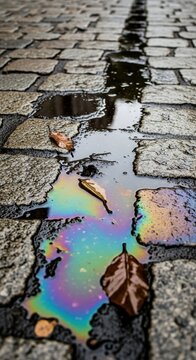 Colorful oil slick on wet cobblestone pavement with autumn leaves.