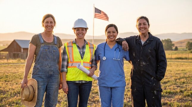Diverse female essential workers standing in rural field. Group of professional women in uniform. American labor force concept.