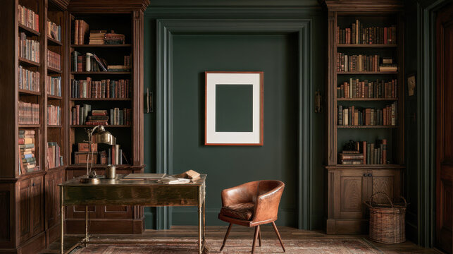 Dark green classic home office library room interior with wooden bookcases desk armchair blank frame mock up on wall elegant study interior design architecture vintage dark academia style