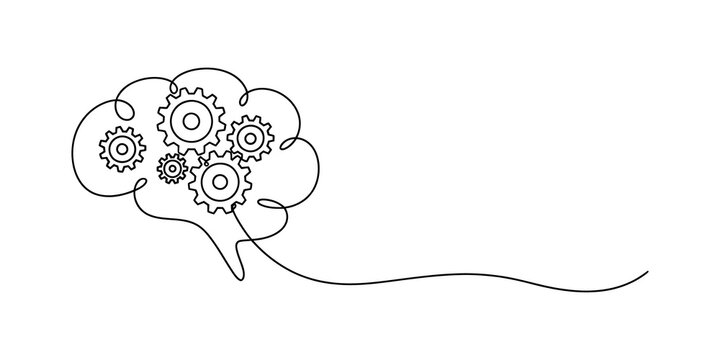 Continuous line drawing of a human brain with gears inside