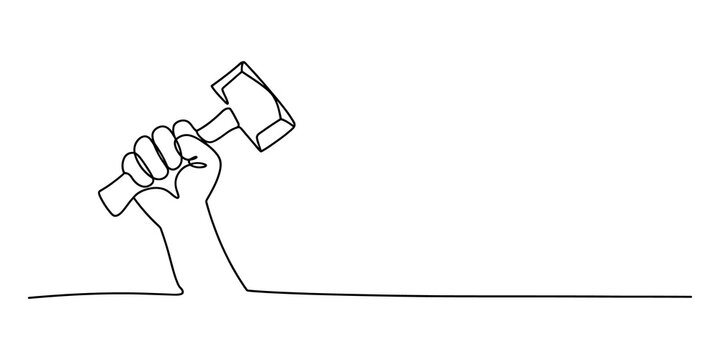 One continuous line drawing of a human hand holding a heavy metal hammer tool