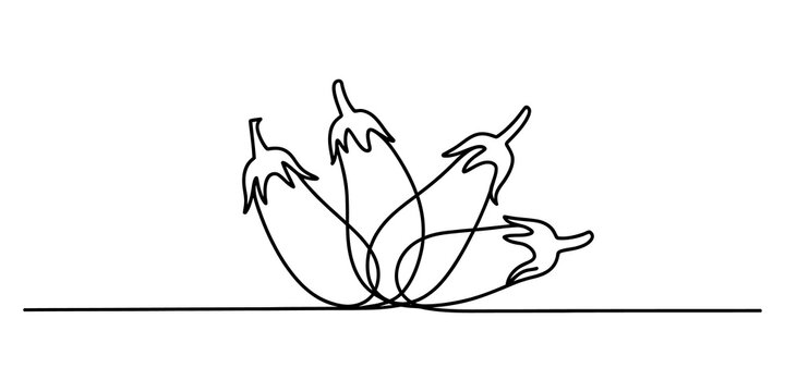 Continuous single line drawing of three fresh eggplants vegetable