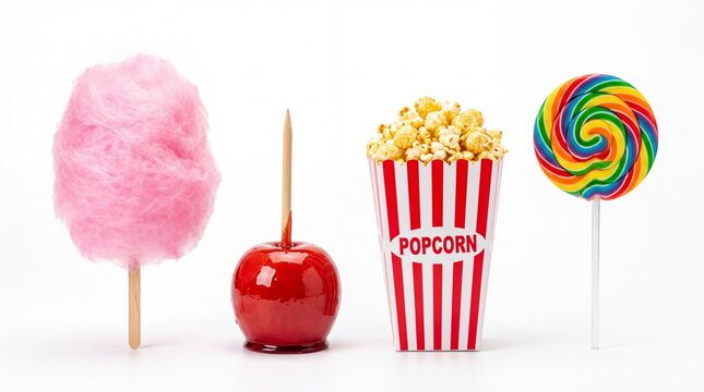 Sweet carnival treats including pink cotton candy and red candied apple arranged neatly on white background