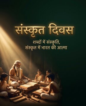 Sanskrit diwas celebration featuring an ancient guru teaching students traditional vedic wisdom