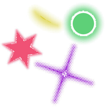Abstract Colorful Geometric Shapes With Halftone Texture Patterns On A Black Background