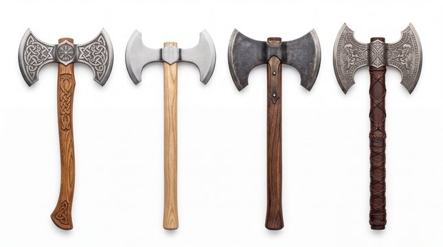 Four detailed double headed medieval axes featuring ornate engravings and wooden handles on white background