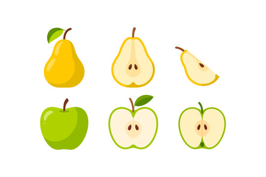 Pear and apple vector illustration set featuring whole fruits, halves, slices, seeds, and stylized minimal designs