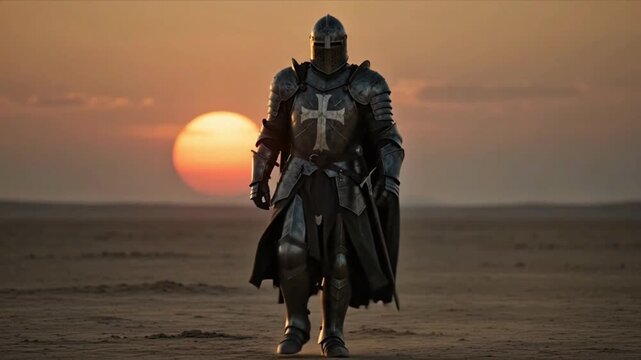 Medieval Knight Warriors Walking Across Desert at Sunset with Armor 4k