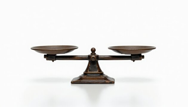 antique balance scale with twin brass pans on cast iron base, adjustable central fulcrum and ornate counterweights, classic weighing instrument on white background for editorial, decor,