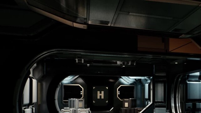 A view of the inside of a futuristic space station. There is a landing pad marked with an H. The scene is dimly lit and features metal walls and cargo containers.