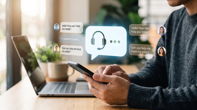 Person using smartphone for customer support chat with digital headset icon interface