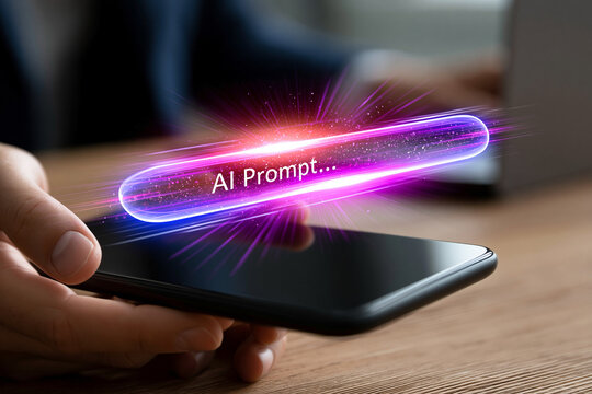 Dunkelh&auml;utige Hand h&auml;lt Smartphone mit pinker leuchtender KI-Suchleiste