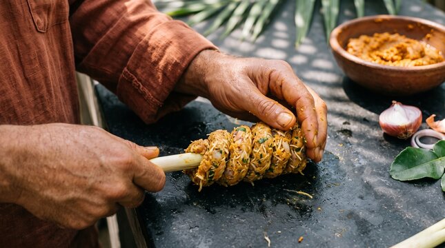 Hands shape seafood satay lilit around fresh lemongrass