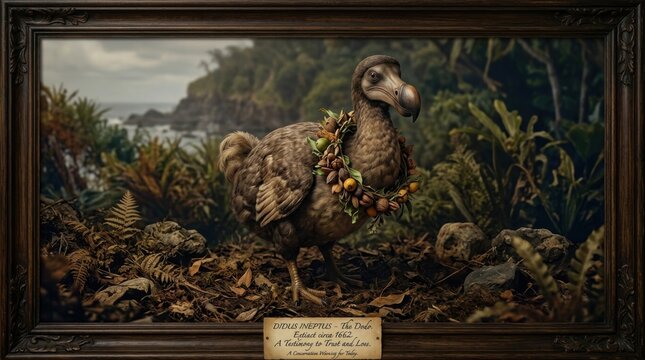 Dodo Bird in Dark Botanical Landscape With Antique Frame