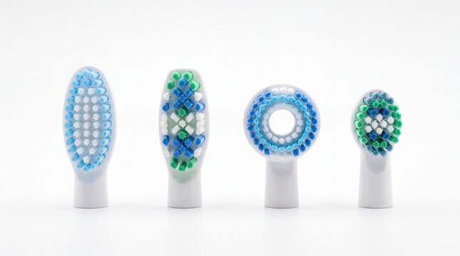 Four distinct electric toothbrush replacement heads featuring colorful nylon bristles displayed isolated on white background