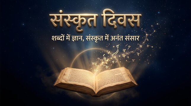 Sanskrit diwas celebration featuring open ancient book with glowing hindi alphabets