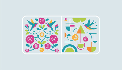 Fototapeta premium Two decorative panels featuring colorful floral art and birds, one with a rose garden design and the other with abstract geometric birds.
