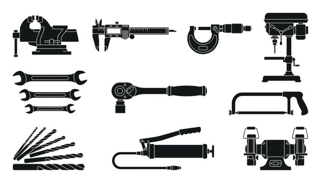 Industrial Workshop Hardware Tools Icon Set with Vise Caliper Micrometer Drill Press Wrenches Hacksaw and Bench Grinder Symbols for Manufacturing Web Designs