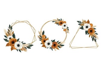 Obraz premium Boho Floral Geometric Gold Frames Set with Anemones, Pampas Grass, and Dried Oranges for Wedding Invitations
