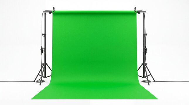 Professional green screen photography backdrop stand set up in a bright studio on white background