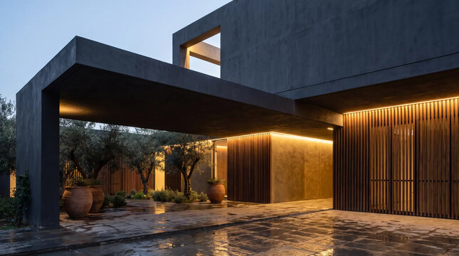 Modern minimalist villa entrance featuring dark concrete facade with warm ambient lighting with elegant terracotta planters luxury residence exterior