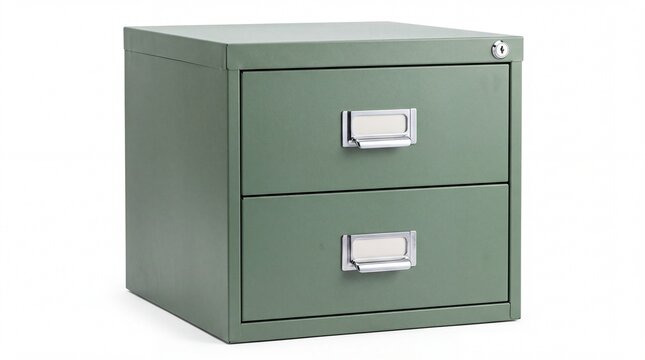 Olive green metal office filing cabinet with two drawers and silver handles on white background