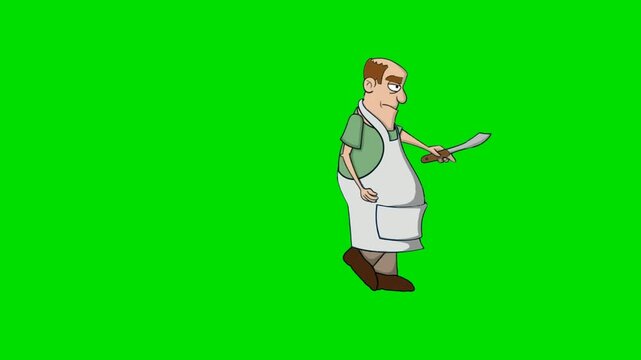 A 2d animation cartoon cook chef running fast while holding a silver kitchen knife or cleaver animation cartoon on green screen chromakey. perfect stock  asset choice for professional