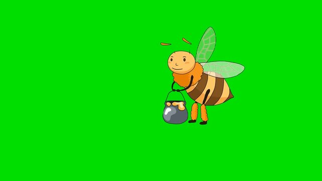 A 2d animation cartoon cute bumblebee insect flying while holding a pot of organic honey animation cartoon on green screen chromakey. this   asset is perfect for professional video editors