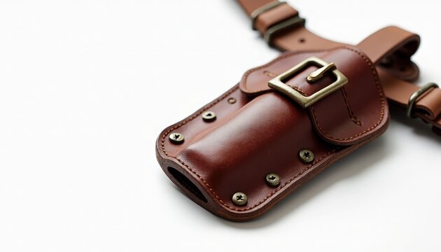 leather holster on white background with adjustable straps and brass buckle, handcrafted brown leather holster displaying rivets, detailed stitching, belt loop and pouch,