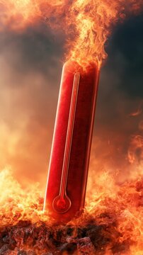 Fiery red thermometer rises through blazing flames