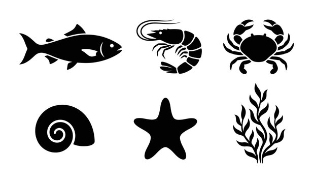 Set of black sea life and marine animal icons featuring fish shrimp crab shell starfish and seaweed