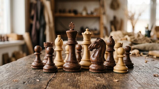 Handcrafted wooden chess pieces on rustic workbench, artisan wood chess set in workshop, vintage strategy game pieces
