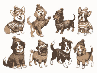 Fototapeta premium Set of cute dogs wearing winter clothes and hats isolated on white background Vector