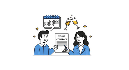 Couple signing venue contract for celebration event planning.