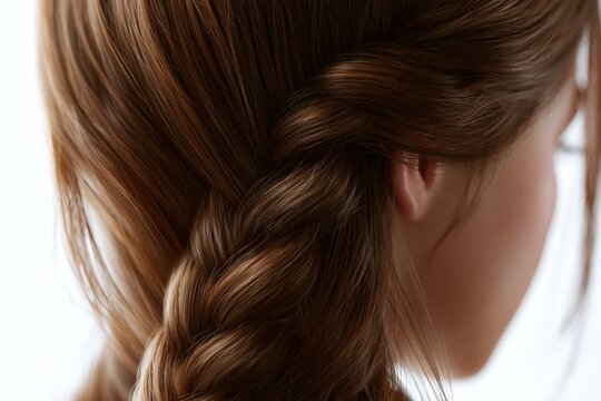 Soft brown hair braided neatly behind the head