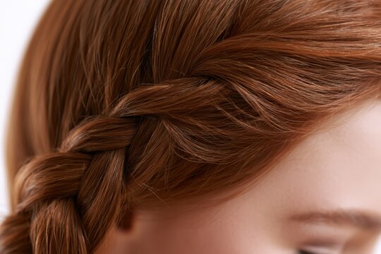 Rich auburn hair braids softly frame a youthful face