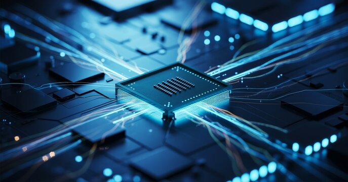 Close up of a central processing unit chip on a motherboard with glowing blue light trails representing high speed data transfer and