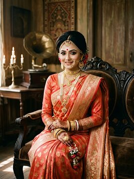 Stunning bengali bride in traditional red silk saree and gold jewelry