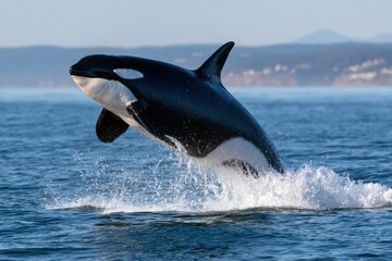 Fototapeta premium Orca leaps high from ocean waters