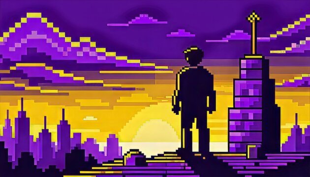 Vibrant retro pixel art city skyline at magical sunset time