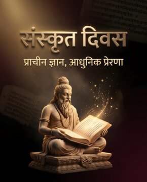 Sanskrit diwas celebration featuring maharishi ved vyasa reading ancient vedas script