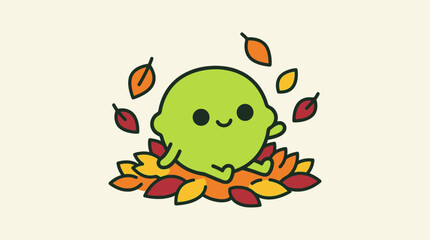 Fototapeta premium Cute green character sitting in autumn leaves.
