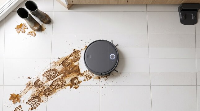 A robot vacuum cleaner navigating over muddy footprints on floor tiles for smart home appliance advertising and cleaning hacks.