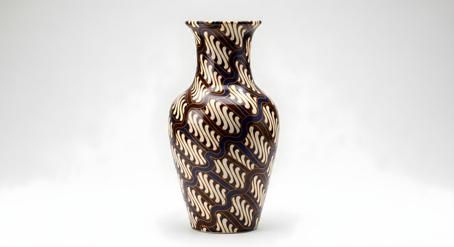 Traditional Indonesian Batik Vase with Parang Pattern - Decorative Ceramic Art on White Background