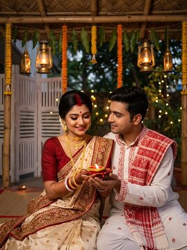 Bengali couple holding a lit diya during traditional festival celebration