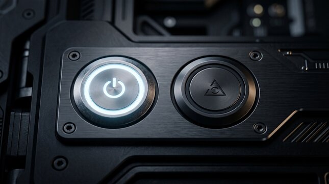Futuristic power button on black brushed metal panel, glowing white start symbol on sci-fi hardware, industrial tech interface